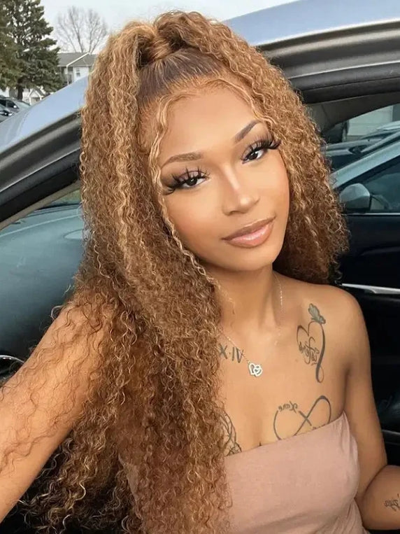 Dorsanee Honey Blonde Highlight Lace Front Wigs Ombre Color Jerry Curly Human Hair Wigs