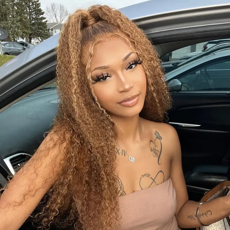 Dorsanee Hair Honey Blonde Highlight 13x4 Lace Front Wigs Ombre Color Jerry Curly Human Hair Wigs