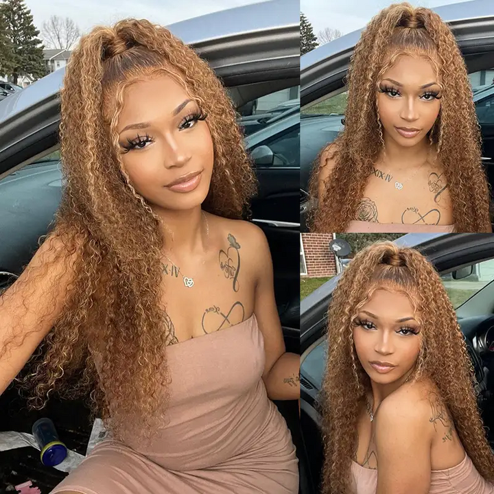 Dorsanee Hair Honey Blonde Highlight 13x4 Lace Front Wigs Ombre Color Jerry Curly Human Hair Wigs