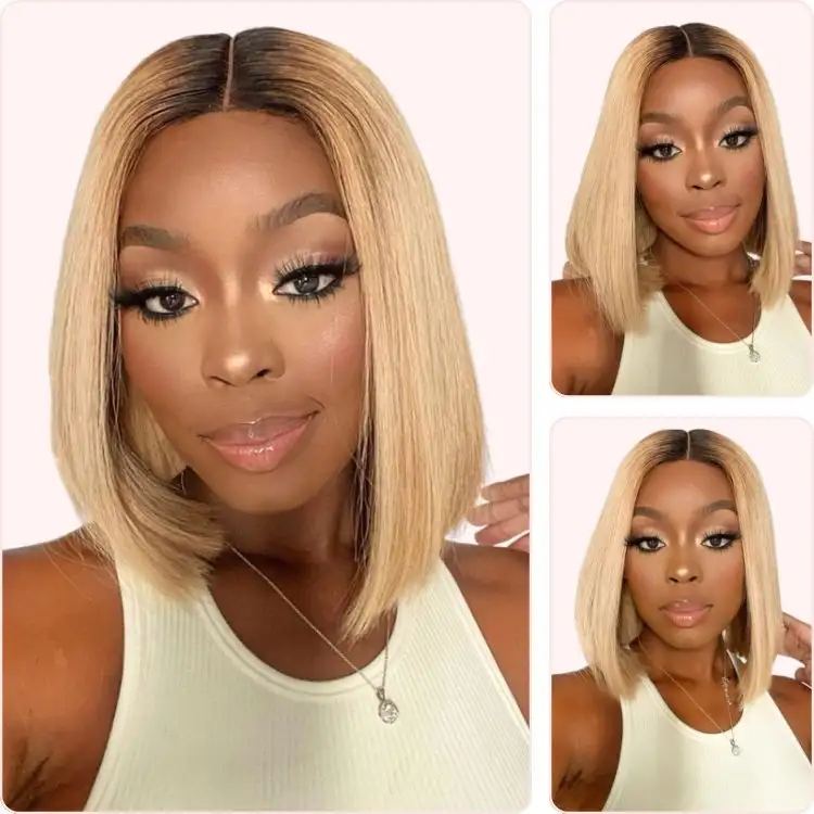 Dorsanee Hair Honey Blonde Ombre 4x4 Lace Front Closure Wigs Straight Bob Wig With Dark Roots Human Hair Wigs 180% Density for woman