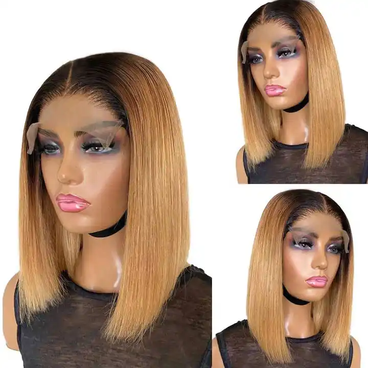 Dorsanee Hair Honey Blonde Ombre 4x4 Lace Front Closure Wigs Straight Bob Wig With Dark Roots Human Hair Wigs 180% Density for woman