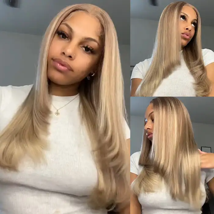 Dorsanee Hair Highlight Blonde Layer Cut Straight 13x4 Lace Front Wig Human Hair Wig