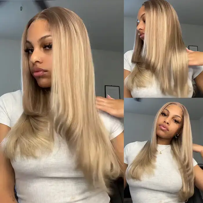 Dorsanee Hair Highlight Blonde Layer Cut Straight 13x4 Lace Front Wig Human Hair Wig