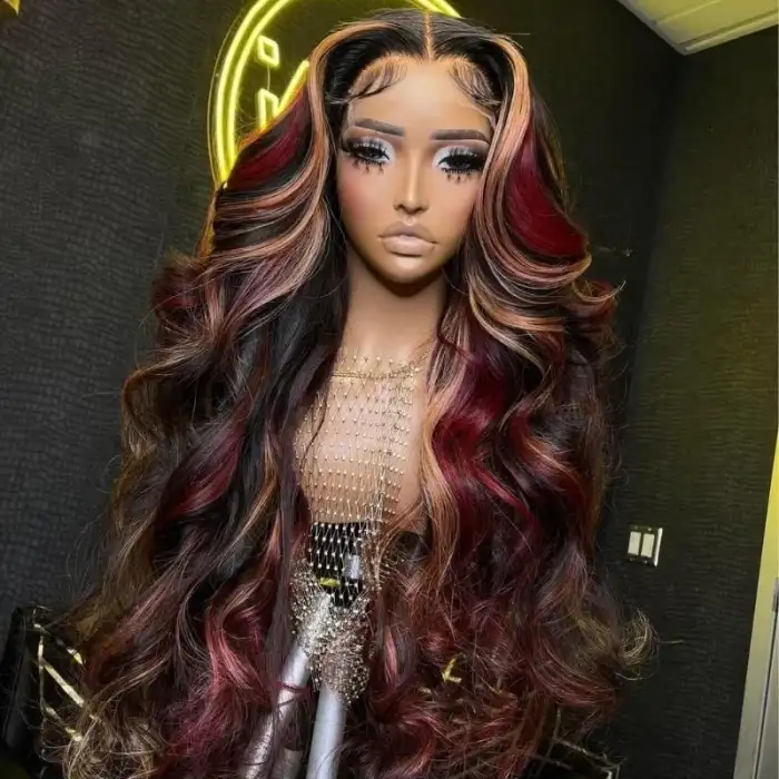 Dorsanee Hair Multi Color Highlight Black With Blonde Red Streaks Wigs Body Wave 13x4 Lace Front Wigs Human Hair Wig