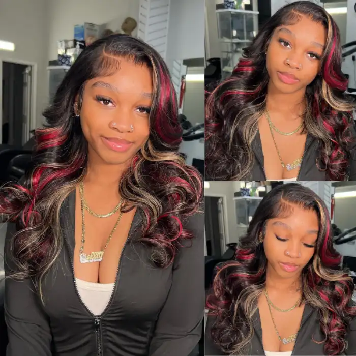 Dorsanee Hair Multi Color Highlight Black With Blonde Red Streaks Wigs Body Wave 13x4 Lace Front Wigs Human Hair Wig