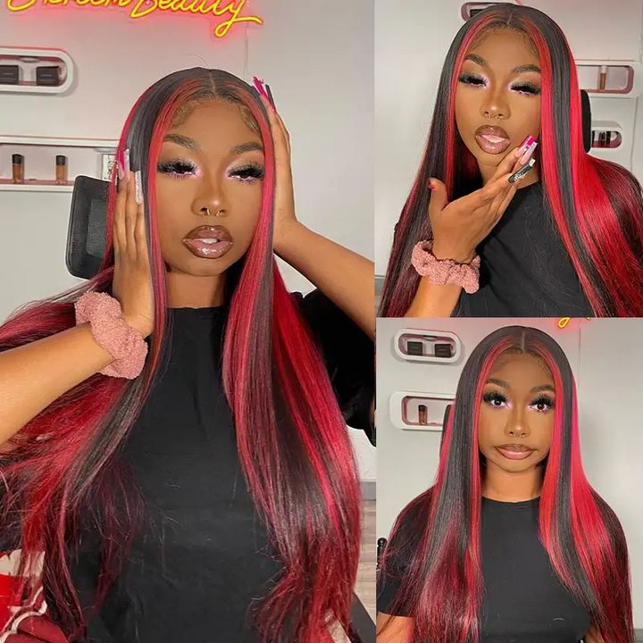 Dorsanee hair straight 99J with red highlight piano color 13×4 HD lace front wigs