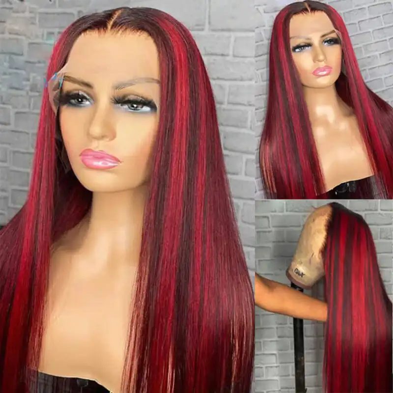 Dorsanee hair straight 99J with red highlight piano color 5×5 HD lace closure wigs