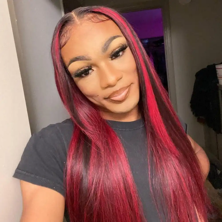 Dorsanee hair straight 99J with red highlight piano color 5×5 HD lace closure wigs