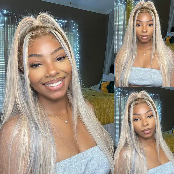 Dorsanee Hair Grey Blonde Highlights 13x4 Lace Front Straight Wig Human Hair Wig