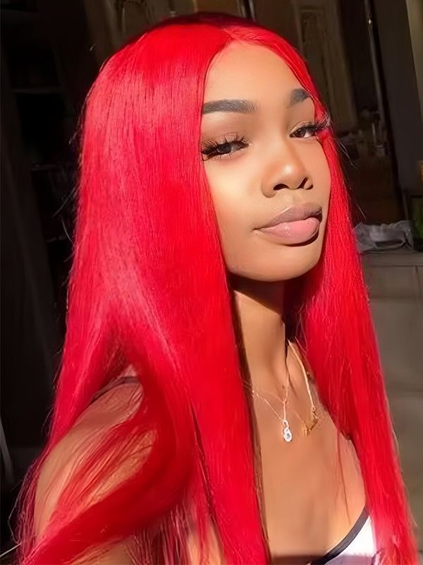 Dorsanee Red 13x4 Lace Front Human Hair Wigs Brazilian Straight Pre Plucked HD Transparent Lace Frontal 200% Density Human Hair Wig