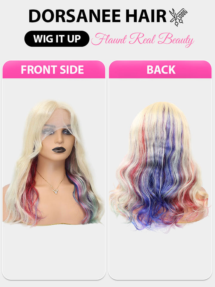 Unicorn Rainbow Multi Colored Human Hair Wigs 13x4  Lace Front Wig