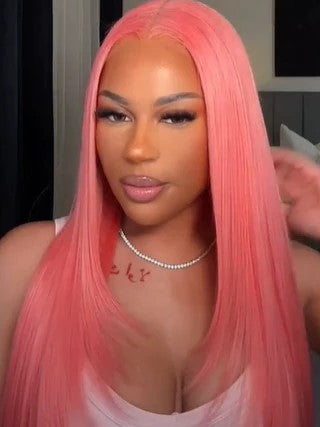 Dorsanee Rose Gold Pink Straight Human Hair Wigs Metallic Pink 13x4 Lace Front Wig