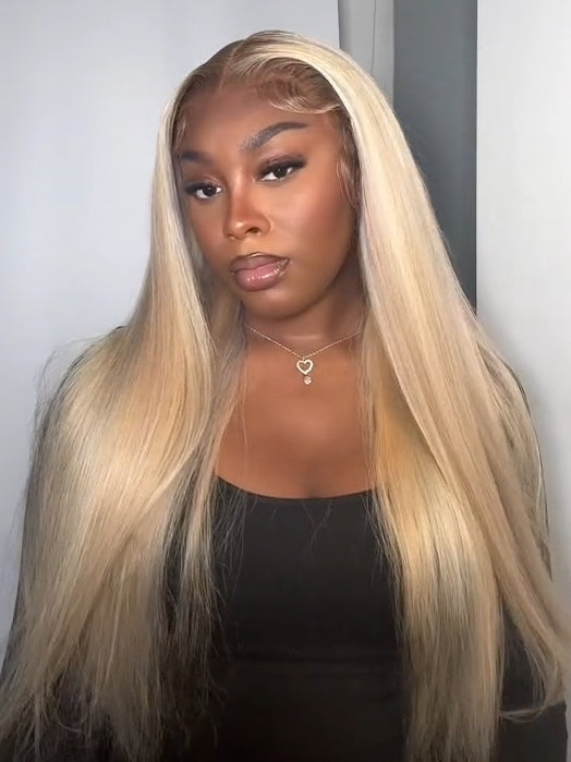 Grey Blonde Highlights Straight Wig 13x4 Lace Front Glossy Blonde With Silver Highlight Human Hair Wig