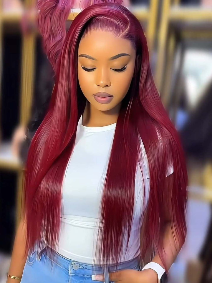 Dorsanee 250 300 Density Burgundy Red Bone Straight 13x4 Lace Front Human Hair Wigs