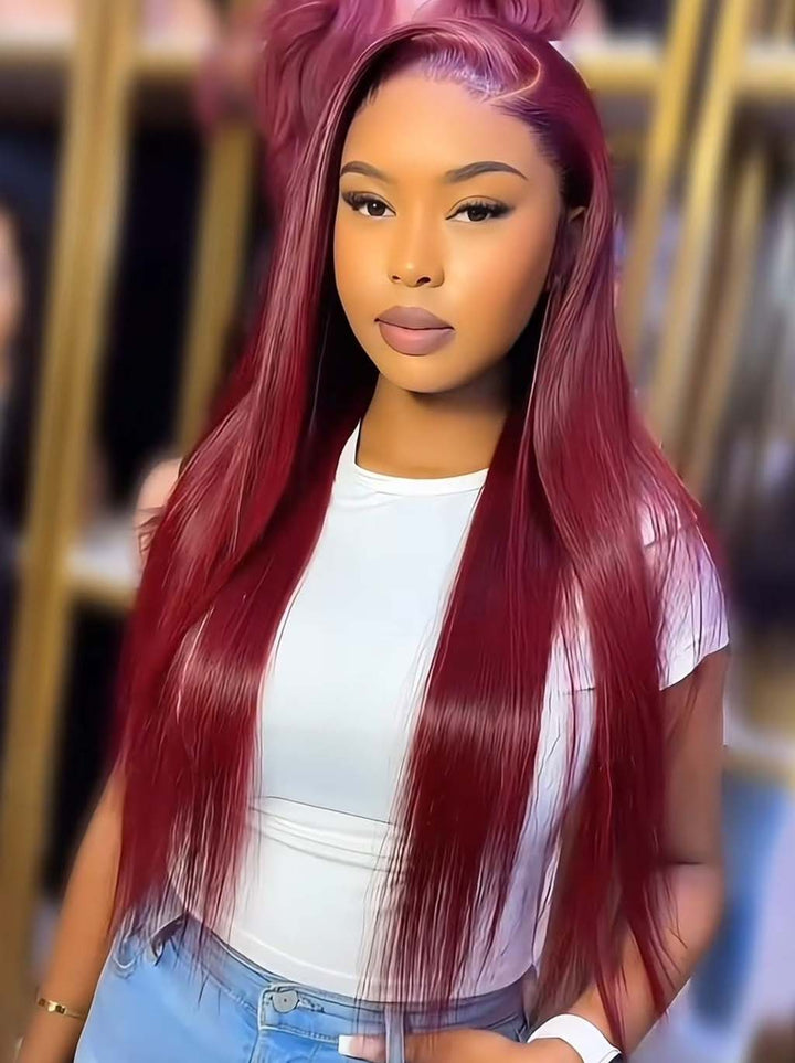 Dorsanee 250 300 Density Burgundy Red Bone Straight 13x4 Lace Front Human Hair Wigs
