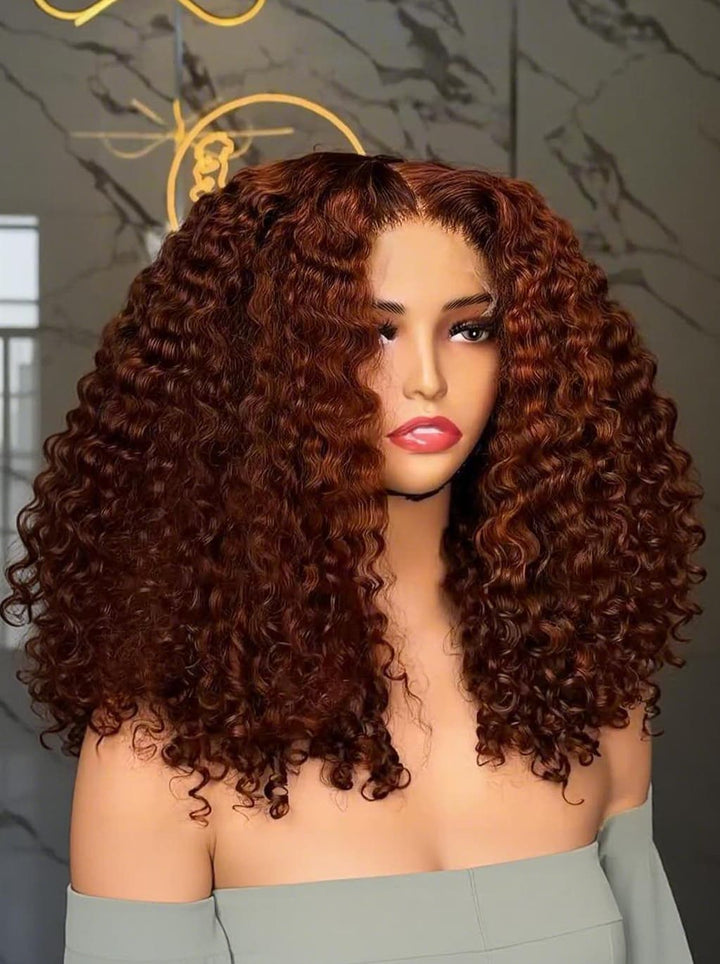 Dorsanee 250 300 Density Copper Auburn Brown Deep Curly Bob 13x4 Lace Front Human Hair Wig