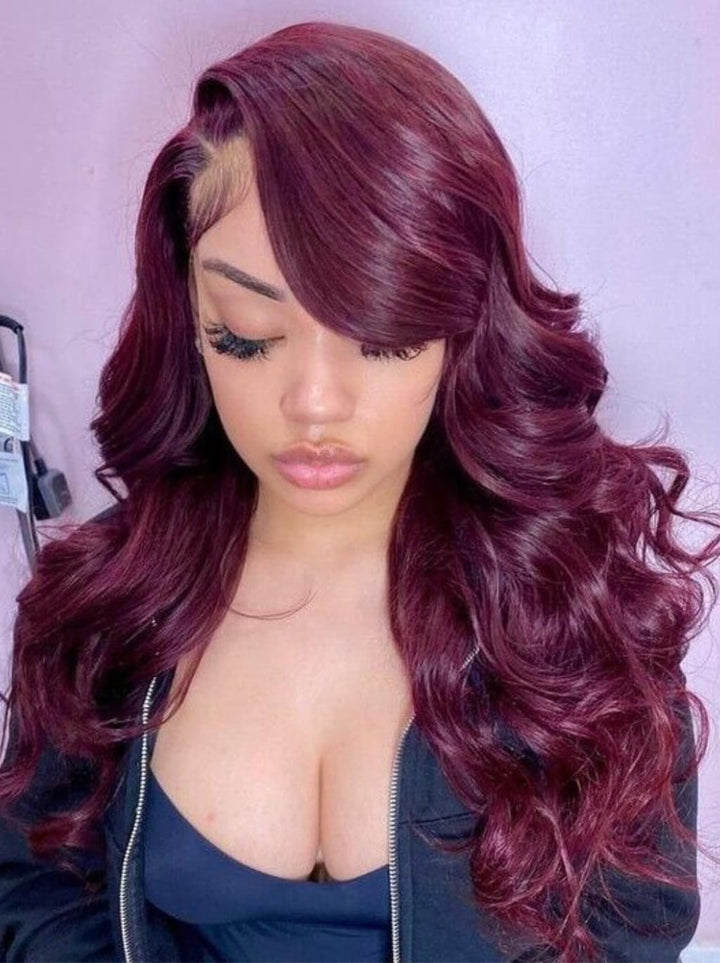 Dorsanee 250 300 Density Dark Cherry Burgundy Red Wavy 13x4 Lace Front Virgin Human Hair Wig