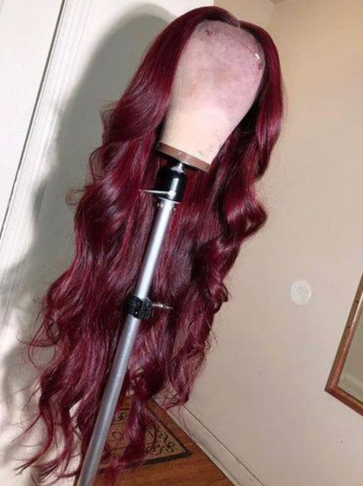 Dorsanee 250 300 Density Dark Cherry Burgundy Red Wavy 13x4 Lace Front Virgin Human Hair Wig