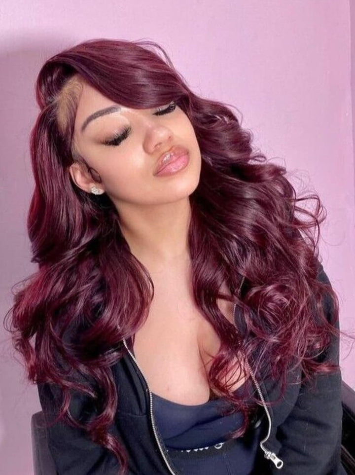 Dorsanee 250 300 Density Dark Cherry Burgundy Red Wavy 13x4 Lace Front Virgin Human Hair Wig