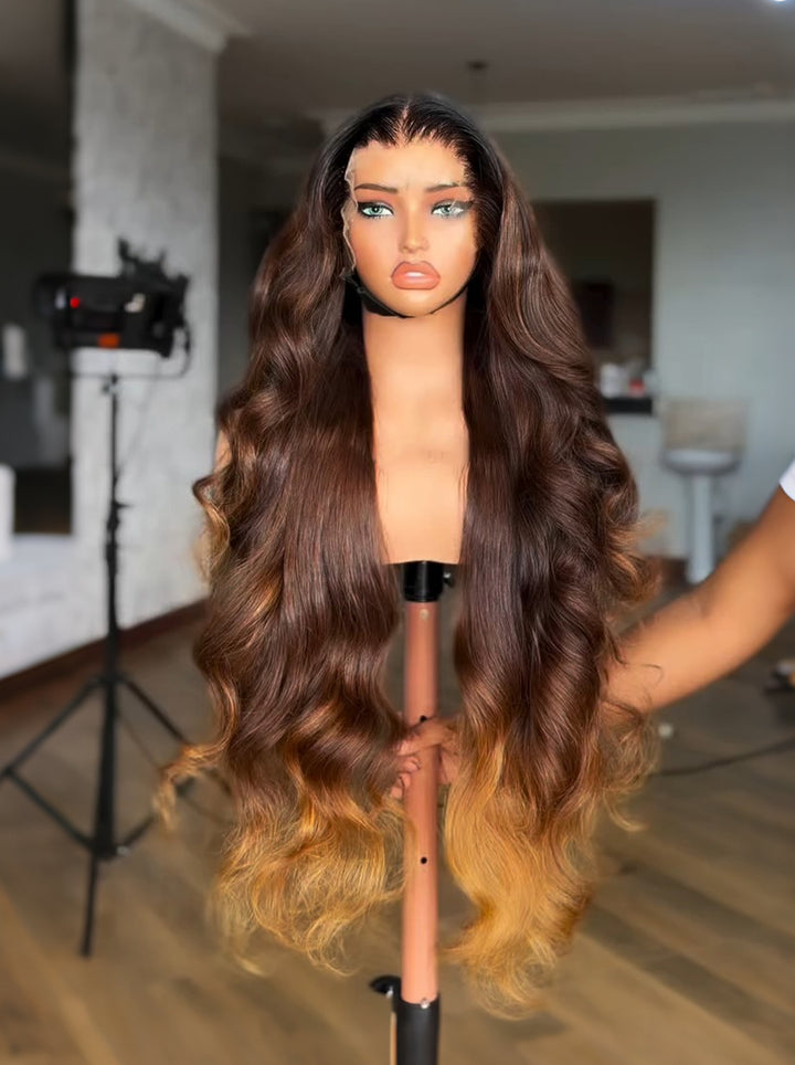 Dorsanee 250 300 Density Ombre Chocolate Brown Honey Blonde 13x4 Lace Front Human Hair Wigs