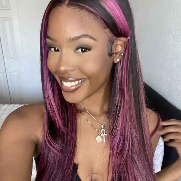 Dorsanee Hair Transparent 13x4 Lace Front Straight Wig Purple Colored Highlights Human Hair Wig