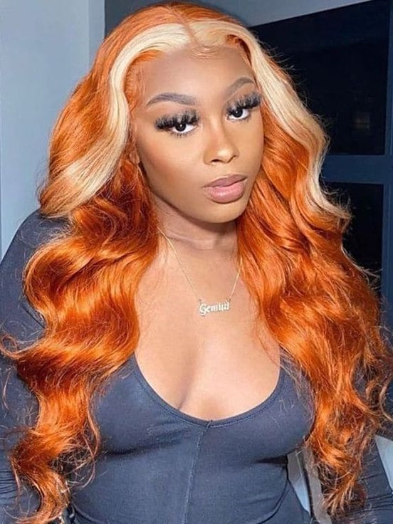 Dorsanee Ginger Orange With Blonde Skunk Stripe 13x4 Body Wave HD Transparent Lace Front Human Hair Wig