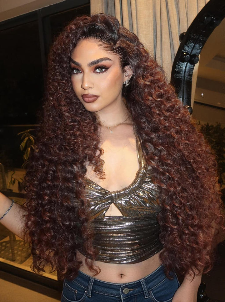 Dorsanee 300 Density Dark Auburn Brown Deep Curly 13x4 Lace Front Human Hair Wig