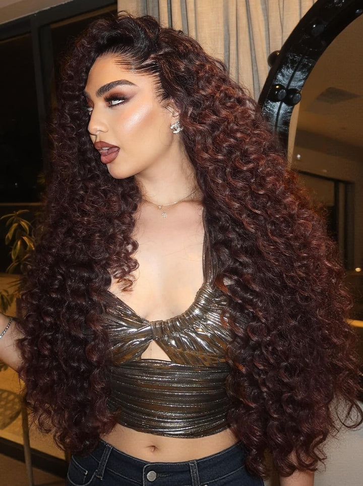 Dorsanee 300 Density Dark Auburn Brown Deep Curly 13x4 Lace Front Human Hair Wig