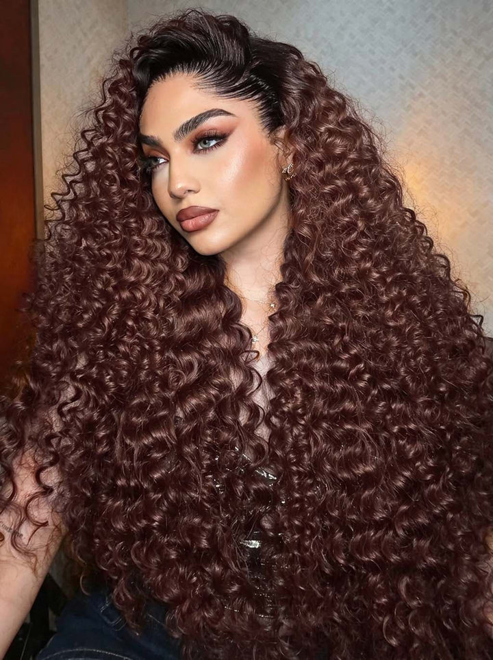 Dorsanee 300 Density Dark Auburn Brown Deep Curly 13x4 Lace Front Human Hair Wig