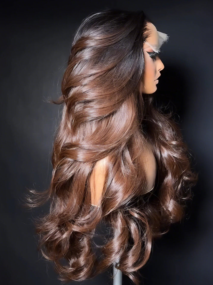 Dorsanee 300 Density Natural Black Roots Soft Chocolate Brown Ombre 13x4 Lace Front Human Hair Wig