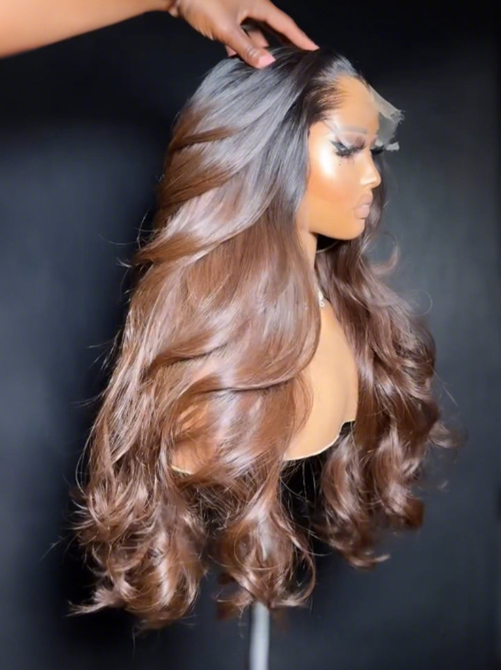 Dorsanee 300 Density Natural Black Roots Soft Chocolate Brown Ombre 13x4 Lace Front Human Hair Wig