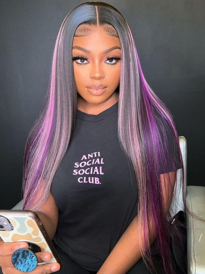 Dorsanee 32 34 inch Black With Purple Bone Straight Highlights 13x4 Lace Front Human Hair Wigs 200 Density