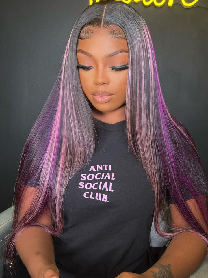 Dorsanee 32 34 inch Black With Purple Bone Straight Highlights 13x4 Lace Front Human Hair Wigs 200 Density
