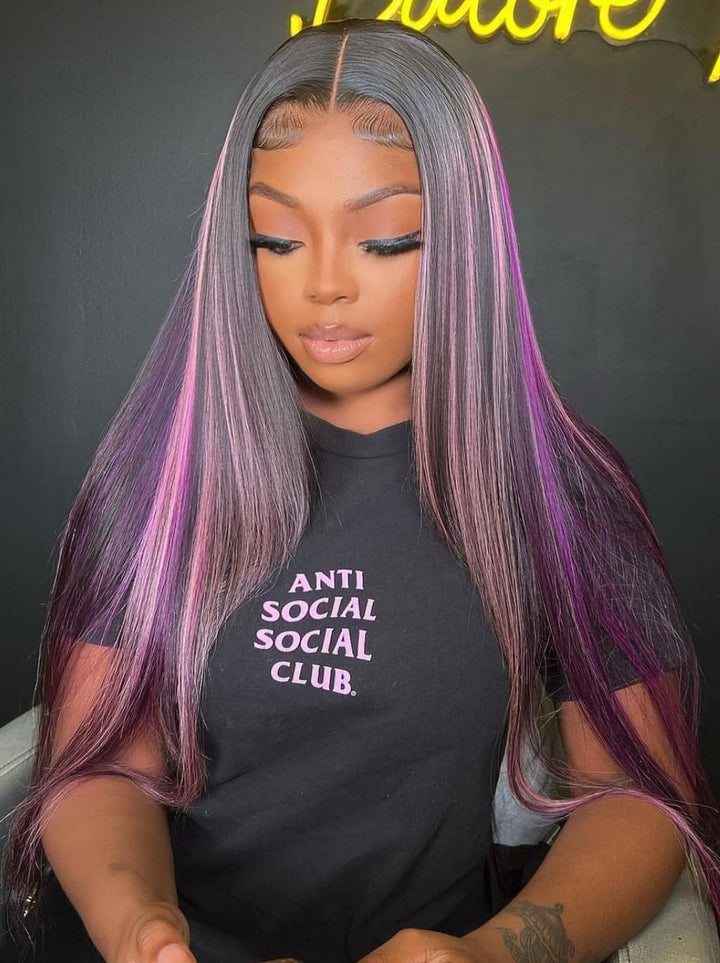 Dorsanee 32 34 inch Black With Purple Bone Straight Highlights 13x4 Lace Front Human Hair Wigs 200 Density