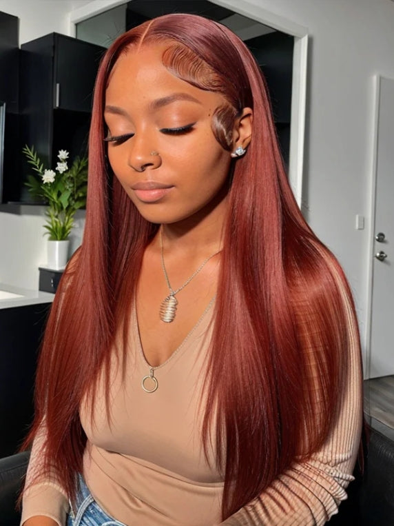 Reddish Brown Straight 13x4/5x5 Lace Frontal Wig HD Transparent Human Hair Wigs Auburn Colored 33# Wig