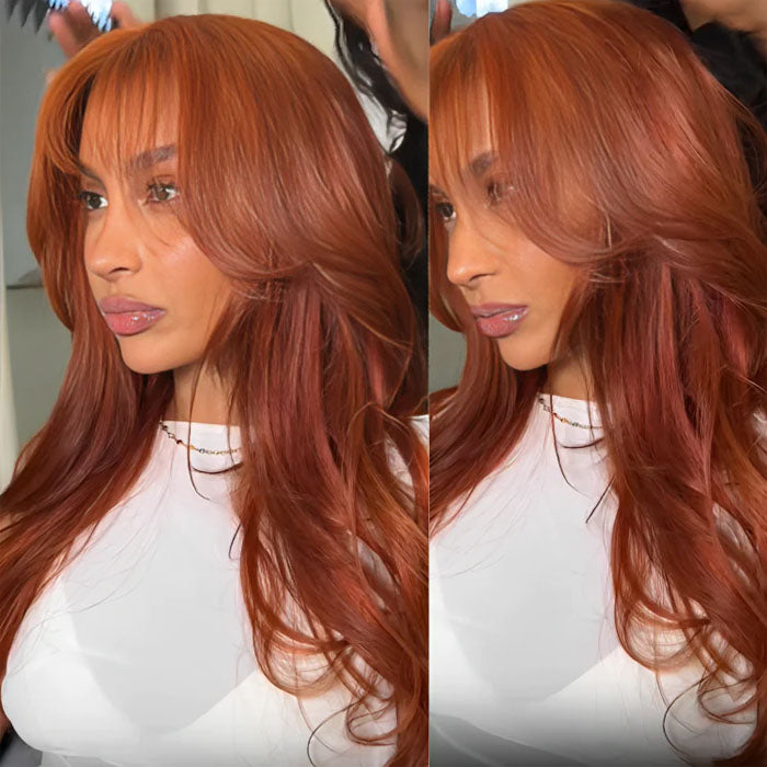 Reddish Brown #33 Curtain Bangs Body Wave Wigs 13x4 HD Lace Front Human Hair Wig