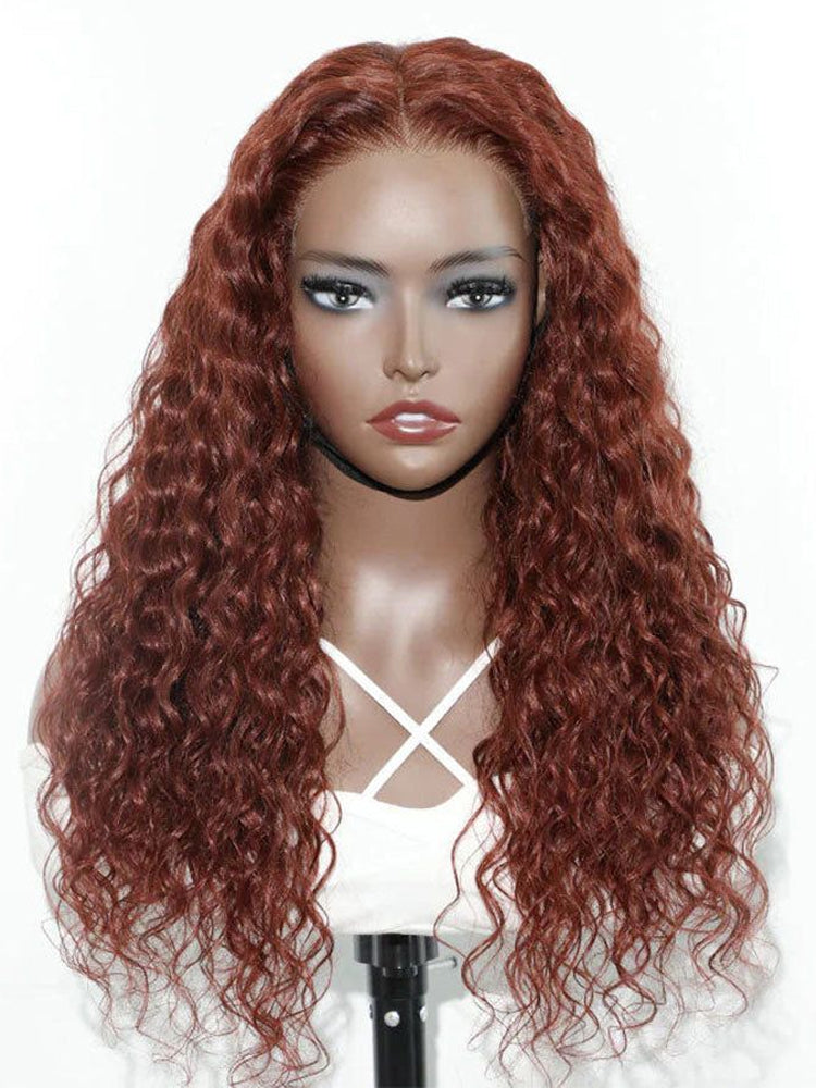 #33 Reddish Brown Water Wave Lace Front Wig Dark Auburn Colored Human Hair Wig 