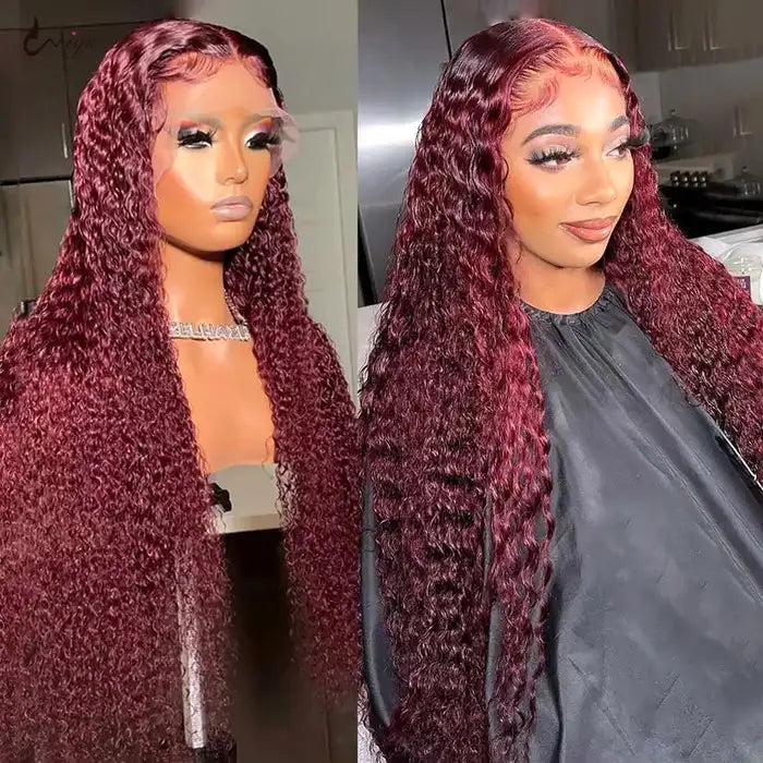 Dorsanee Hair 99J Burgundy Curly Wig Transparent 13x4 HD Lace Frontal Wig for Women Human Hair Wig