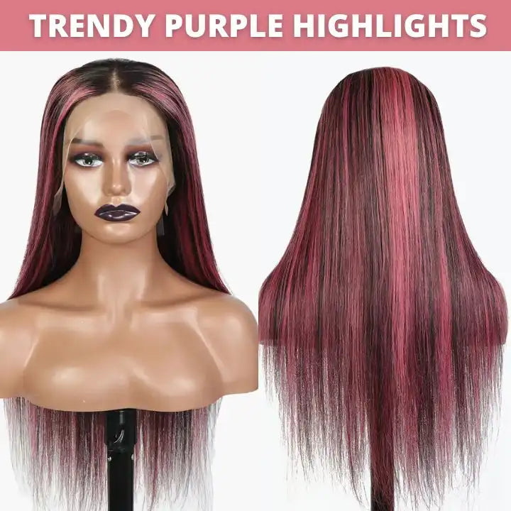 Dorsanee Hair Transparent 13x4 Lace Front Straight Wig Purple Colored Highlights Human Hair Wig