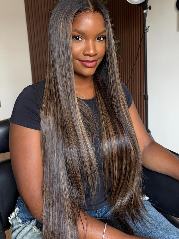 Dorsanee 42 40 38 36 34 32 30 inch Balayage Black Brown Highlights 13x4 Lace Front Human Hair Wigs