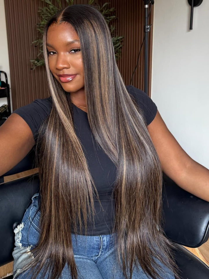 Dorsanee 42 40 38 36 34 32 30 inch Balayage Black Brown Highlights 13x4 Lace Front Human Hair Wigs