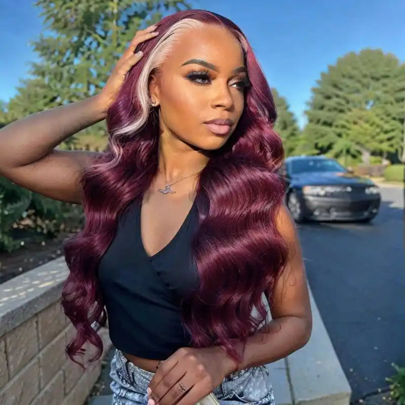 Dorsanee Hair 13x4 Lace Frontal Skunk Stripe Wig #613/99J Burgundy Color Highlight Body Wave Human Hair Wig