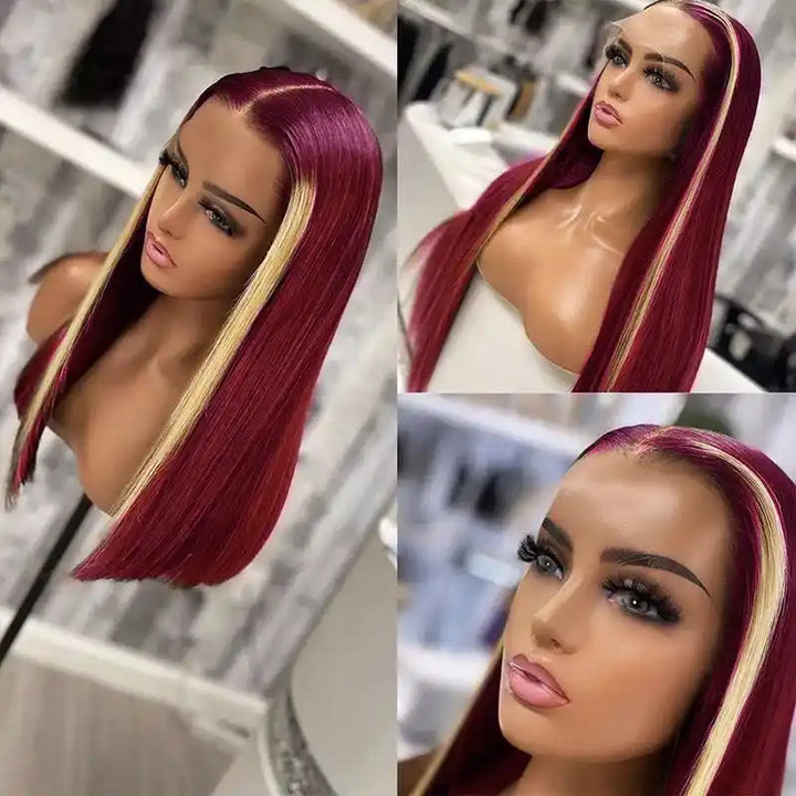 Dorsanee Hair Skunk Stripe 99j Burgundy Blonde 13x4 Lace Front Wig Straight Human Hair Wigs
