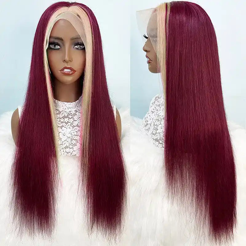 Dorsanee Hair Skunk Stripe 99j Burgundy Blonde 13x4 Lace Front Wig Straight Human Hair Wigs