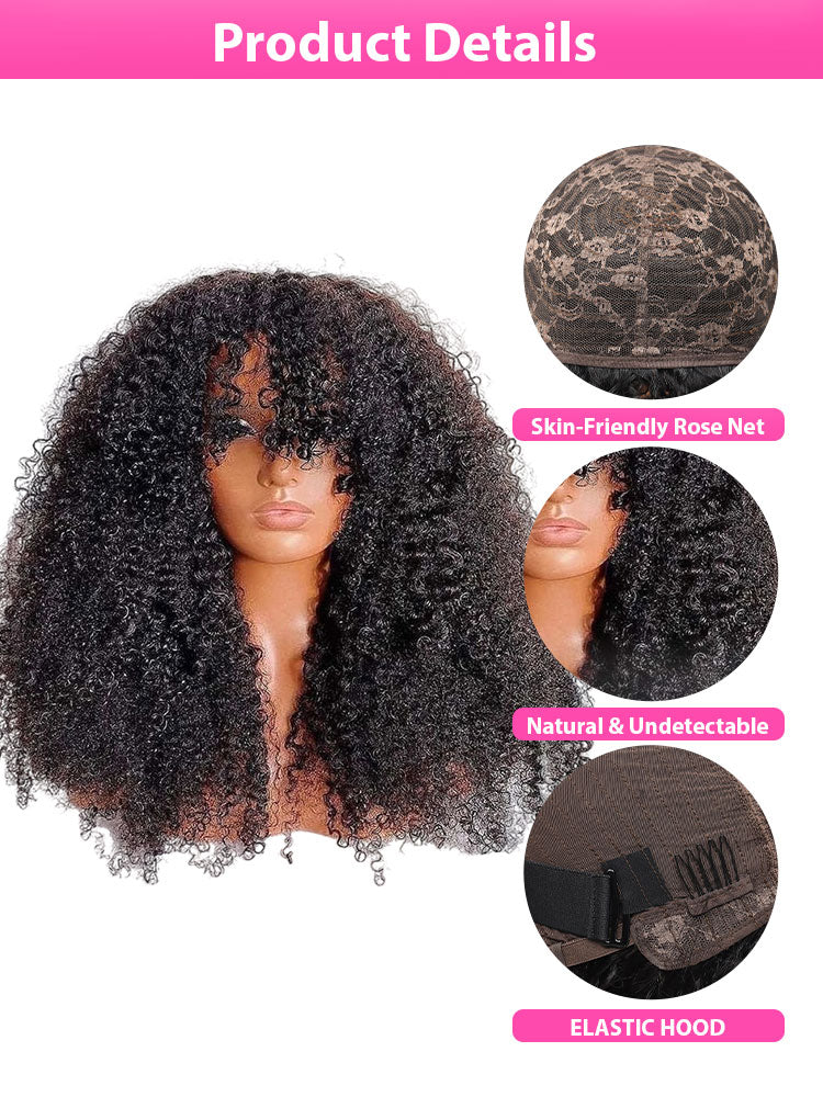 Dorsanee Machine Made Wig Kinky Curly Sew In Wig Human Hair Wigs with Bangs
