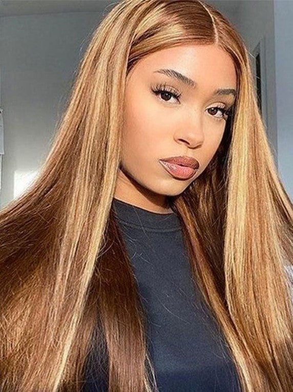 Honey Blonde Highlight Wig 6×4 Pre-cut Hd Lace 180% Density Straight Hair Wigs