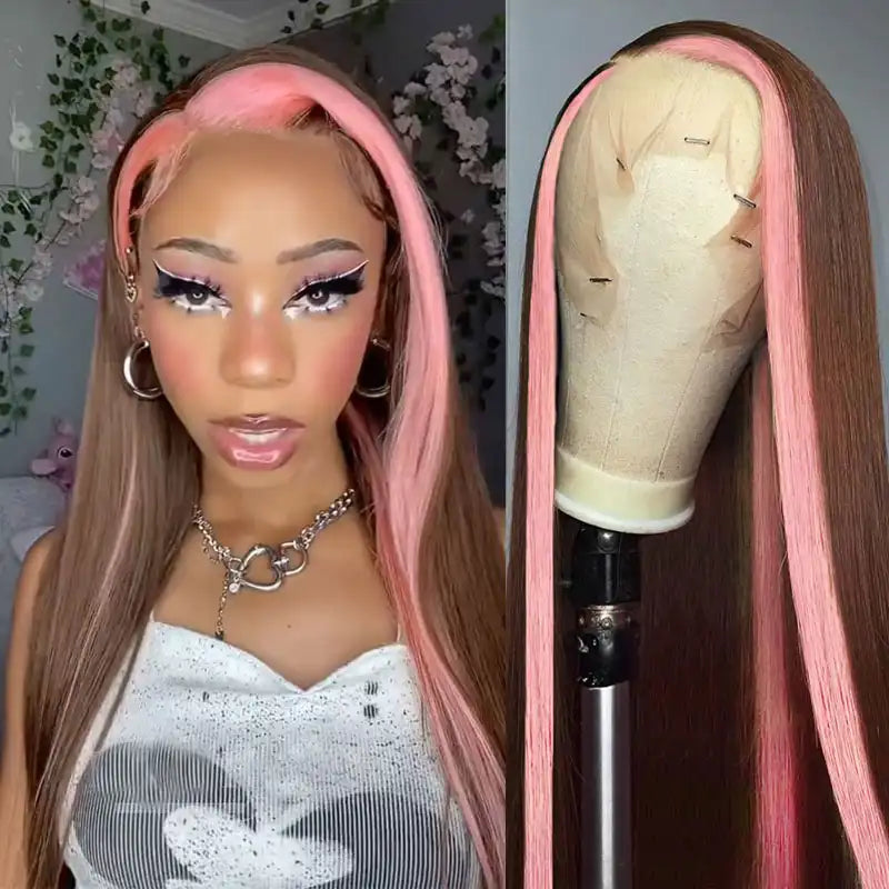 Dorsanee Hair Skunk Stripe 13x4 Lace Front Wig #4 Chocolate Color With Pink Straight Human Hair Wig
