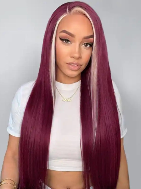 Dorsanee Skunk Stripe 99j Burgundy Blonde 13x4 Lace Front Wig Straight Colorful Wigs Human Hair Wigs