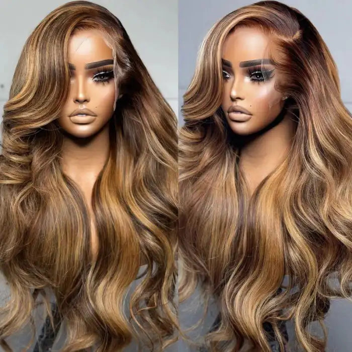 Dorsanee hair body wave honey blonde highlight 4×4 lace closure human hair wigs