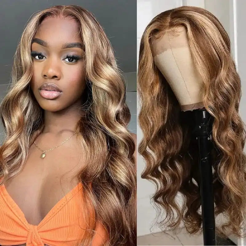 Dorsanee hair body wave honey blonde highlight 13×4 lace front human hair wigs